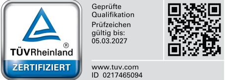 TÜV-Zertifikat Marcel Holden TÜV Rheinland Zertifikat mit QR-Code.